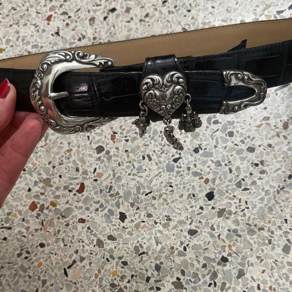 90’s Y2K Brighton black leather silver western buckle heart charms dangling s main image 4